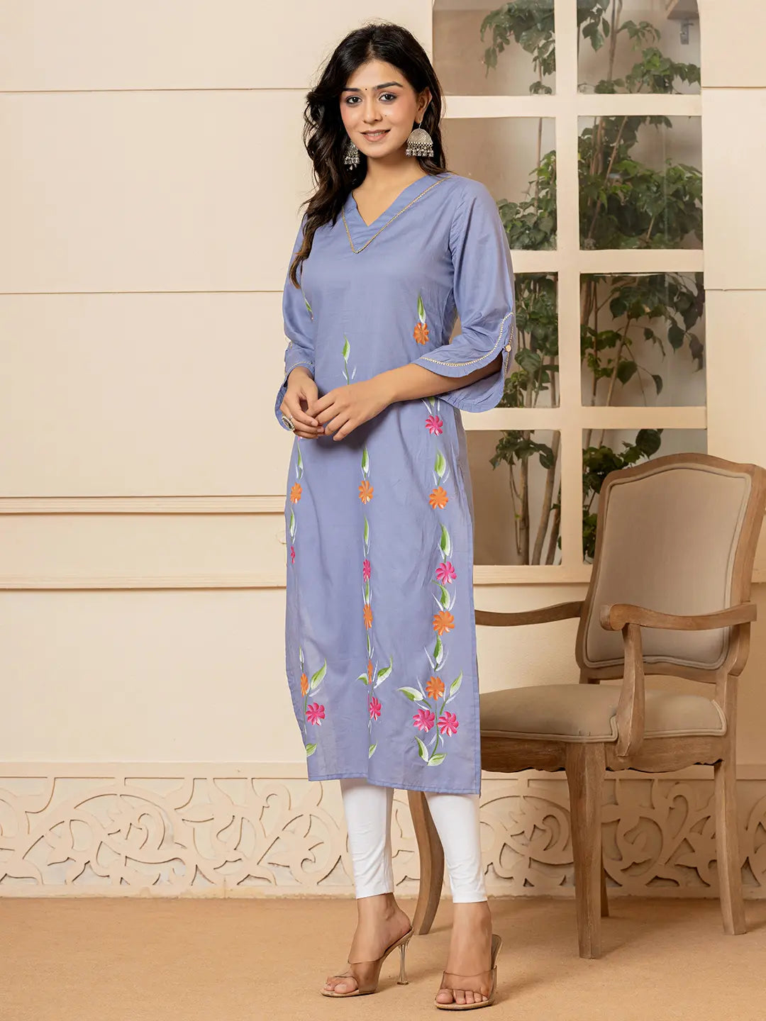 Yufta Violet Hand Painted Straight Kurta - Distacart