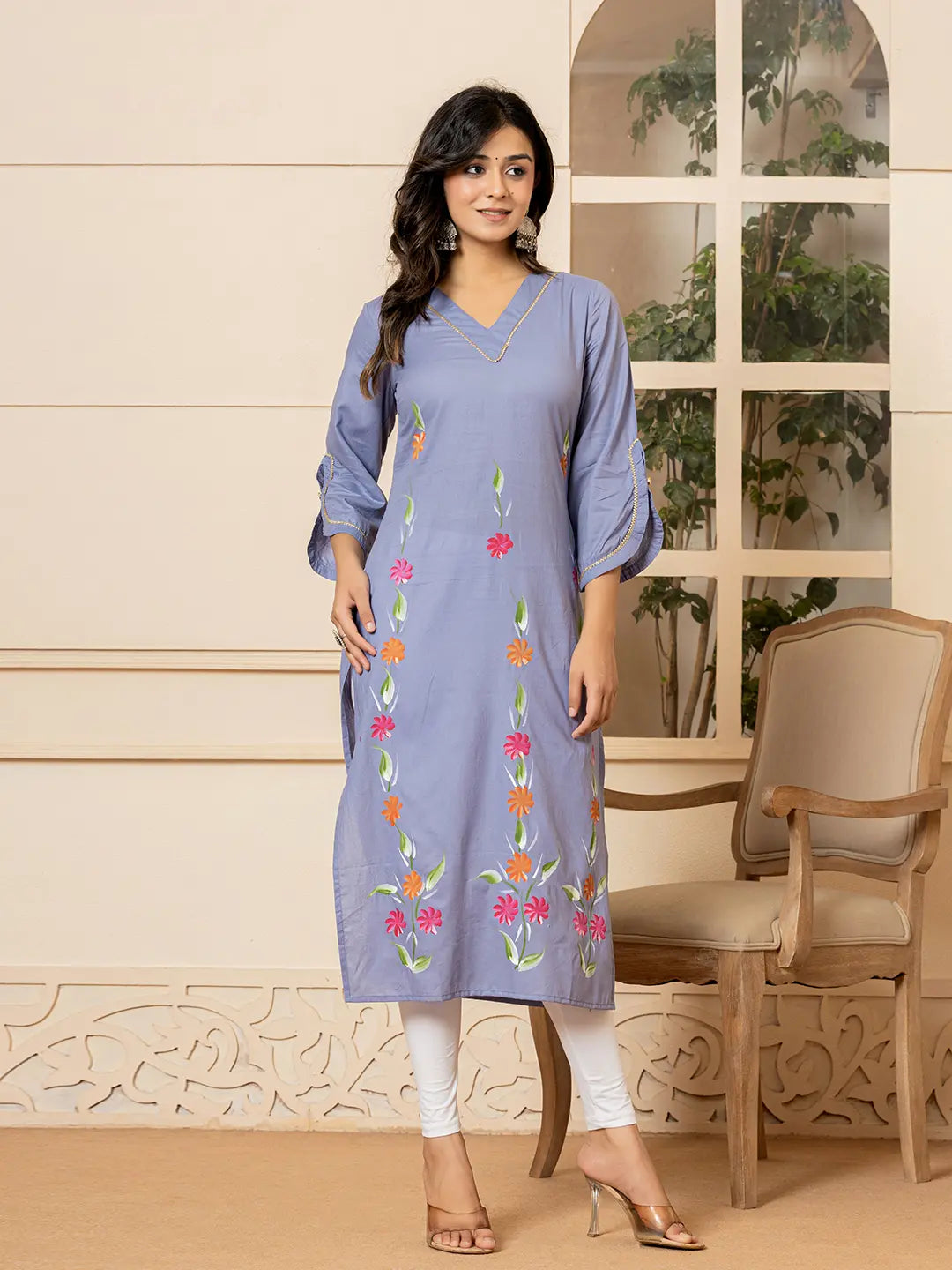 Yufta Violet Hand Painted Straight Kurta - Distacart