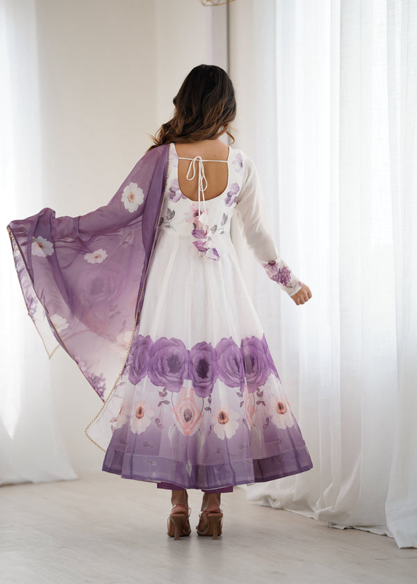Evanik Violet Soft Organza Silk With Floral Print Fully Flared Anarkali Pant With Dupatta Set
