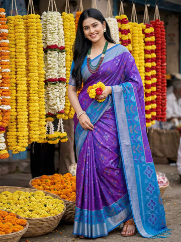Anaita Violet Pochampally Silk Woven Saree With Blouse - Dista