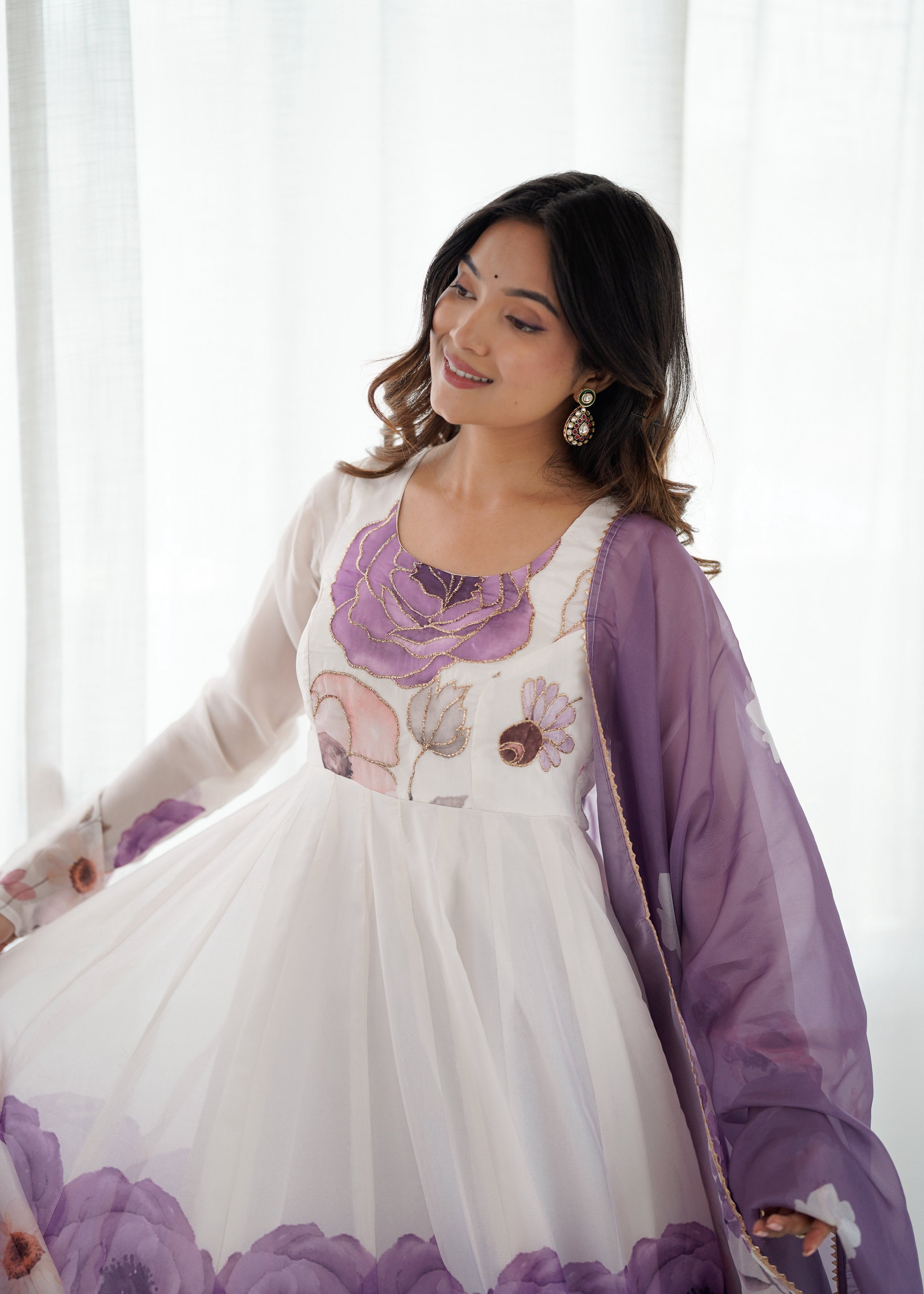 Evanik Violet Soft Organza Silk With Floral Print Fully Flared Anarkali Pant With Dupatta Set
