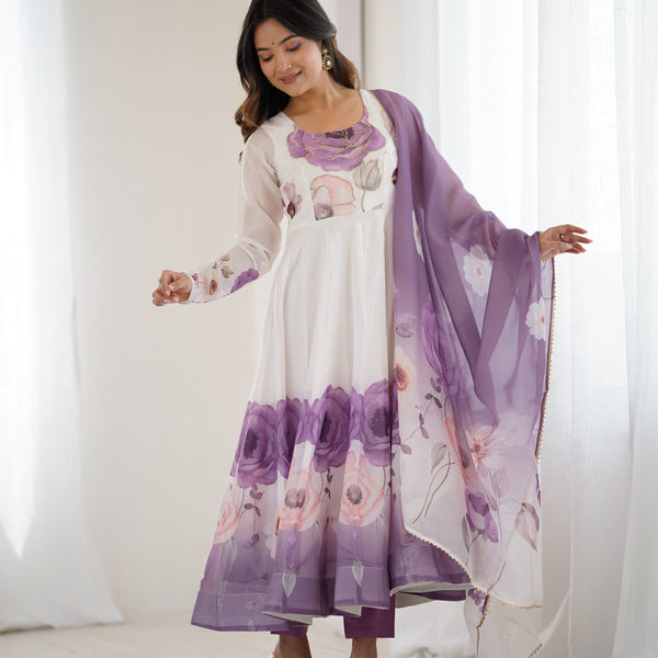 Evanik Violet Soft Organza Silk With Floral Print Fully Flared Anarkali Pant With Dupatta Set