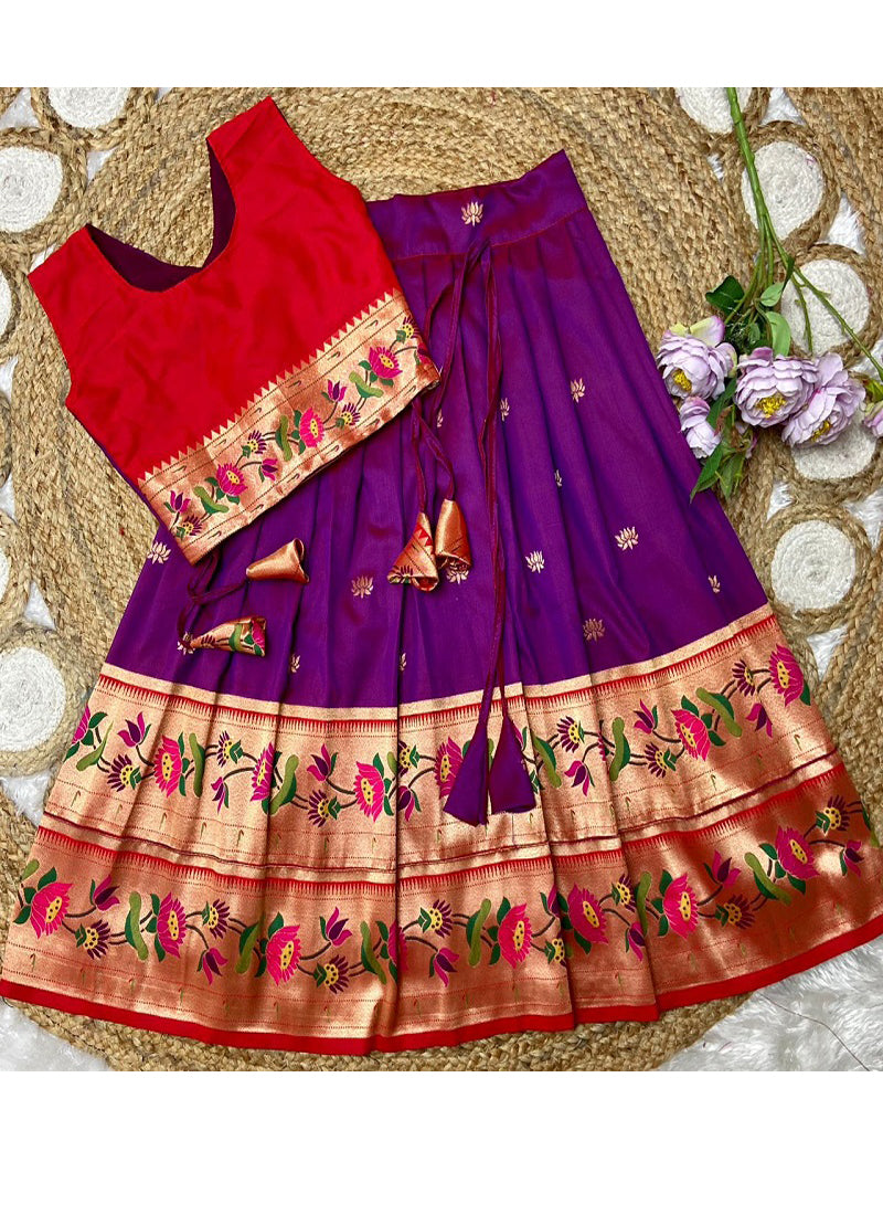 Evanik Purple Kids Paithani Silk Lotus Pattern Lehenga Choli - Dista