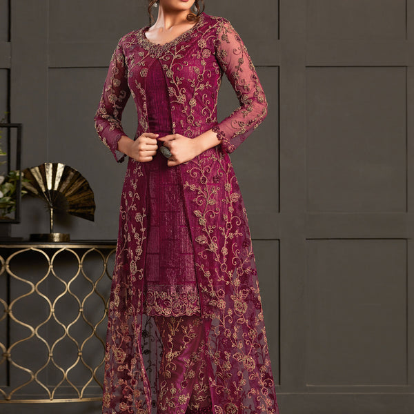 Vegaa Fashion Wine Heavy Net Embroiderd Pakistani Suit - Distacart