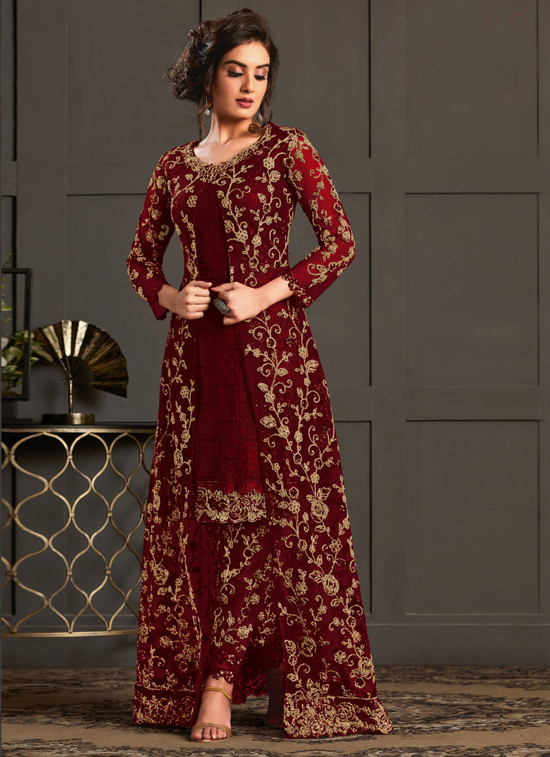Vegaa Fashion Maroon Heavy Net Embroiderd Pakistani Suit - Distacart