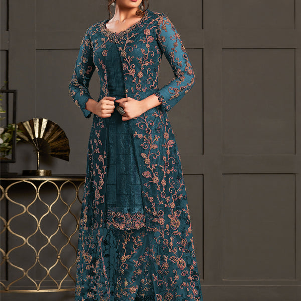Vegaa Fashion Turquoise Heavy Net Embroiderd Pakistani Suit - Distacart