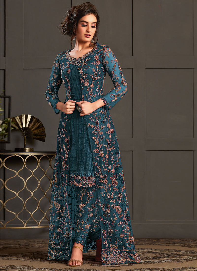 Vegaa Fashion Turquoise Heavy Net Embroiderd Pakistani Suit - Distacart