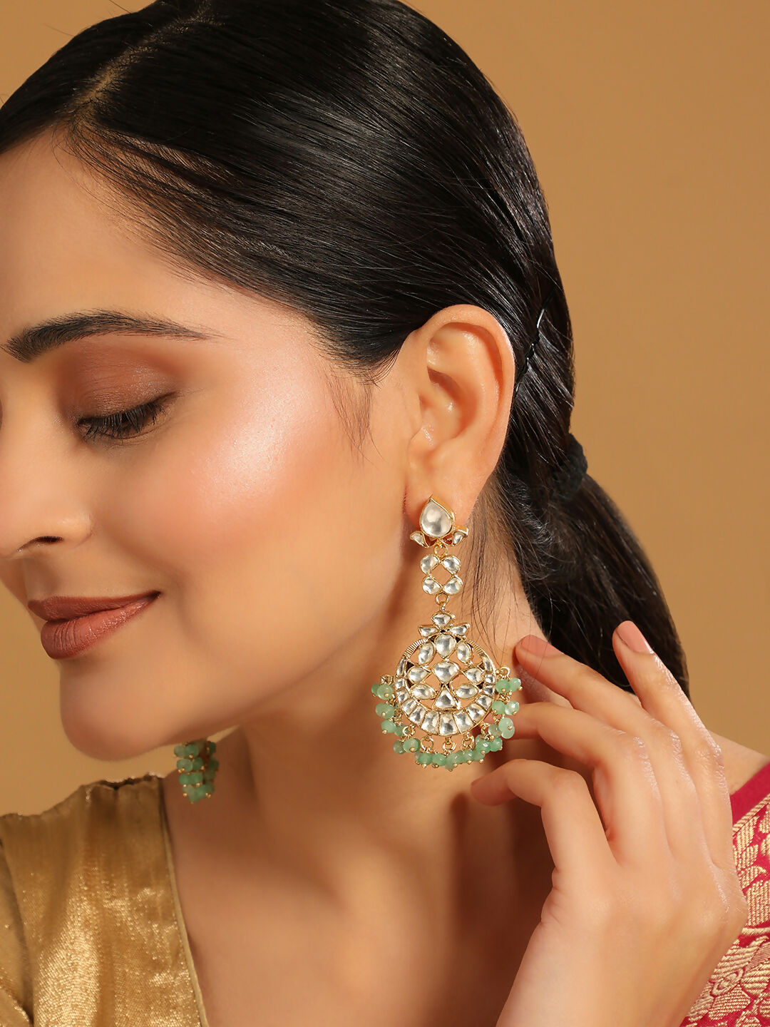 Nuyug 22K Gold Plated Regal Green Kundan Chandbali Earrings