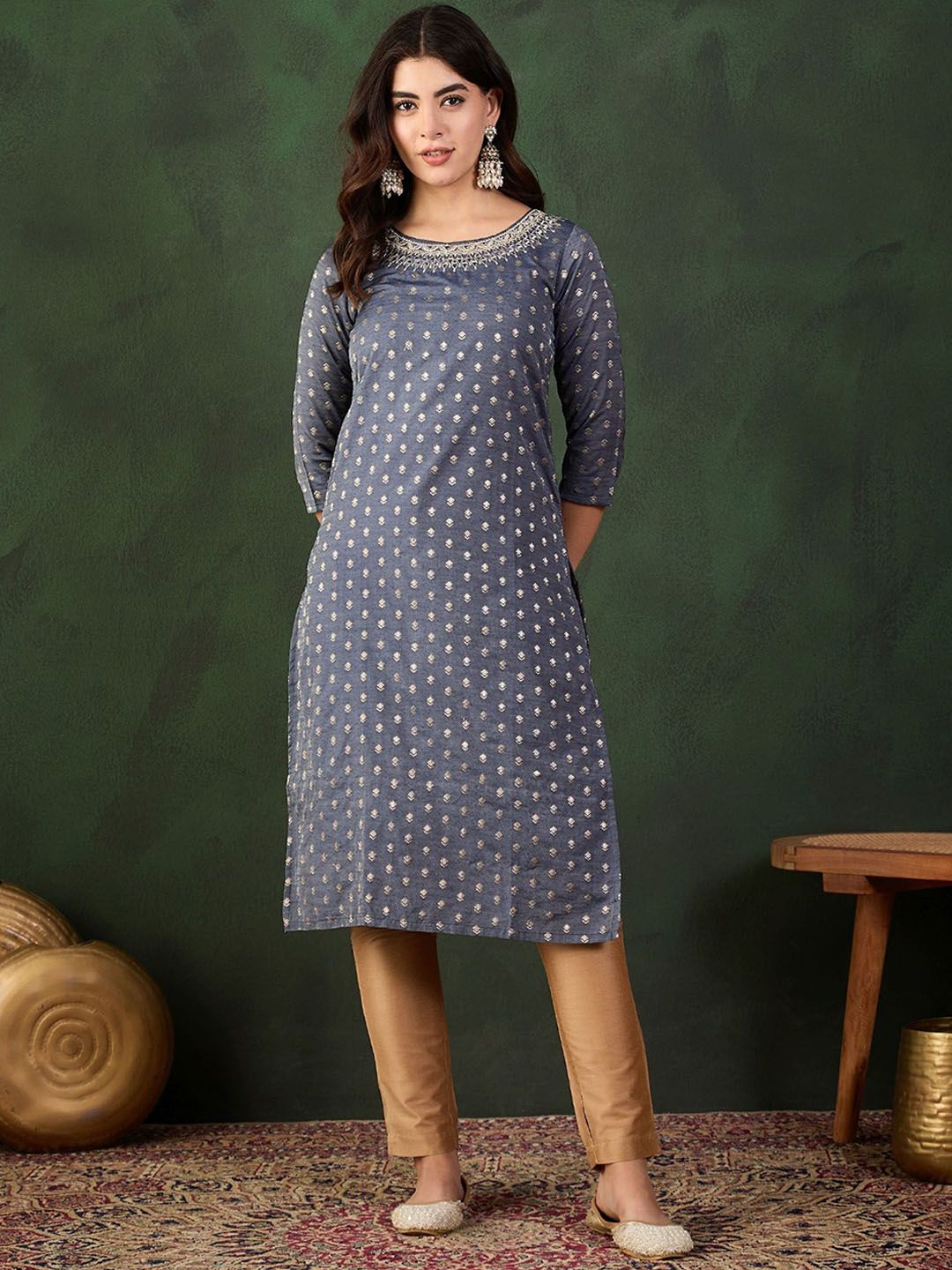 Sangria Embroidered Straight Kurta - Distacart
