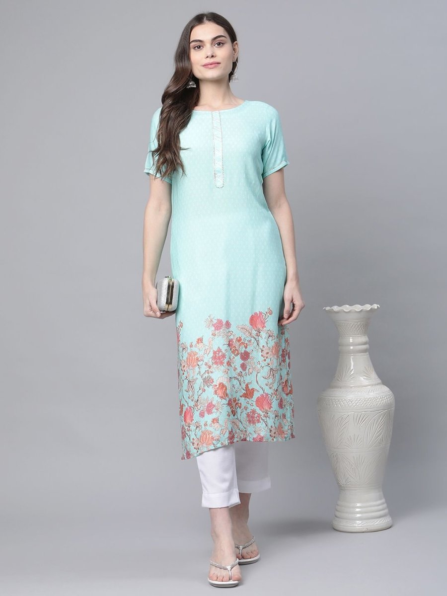 Ahalyaa Women Sky Blue Rayon Printed Kurta Pant Set