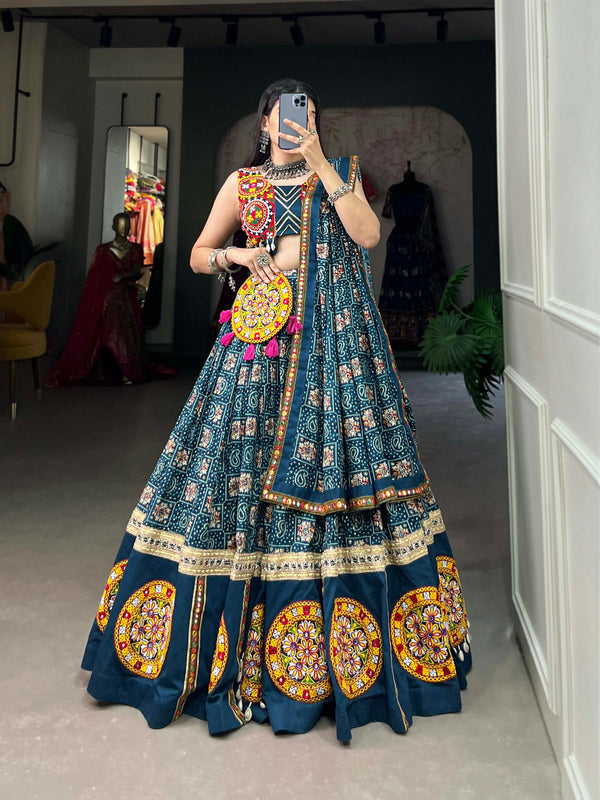 Vastranavya Navaratri Special Pure Rayon Printed With Foil Work And Gamthi Patch Work With Lace Touch Up Lehenga with Stitched Blouse - Teal - Distacart