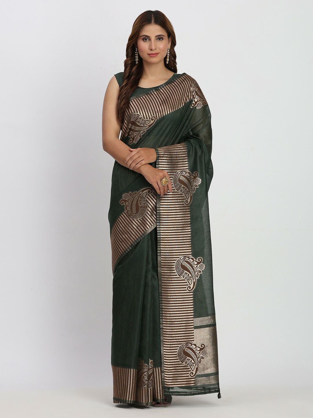 Astita Linen Cotton Dark Green Saree