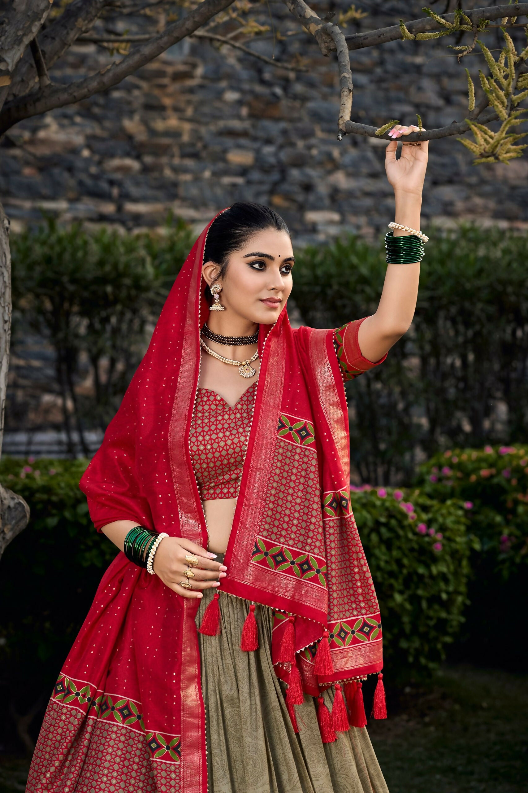 Vastranavya Floral Print With Foil Print Tussar Silk Lehenga With Unstitched Blouse - Mehendi - Distacart