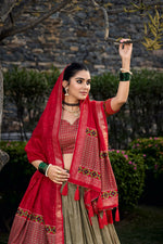 Thumbnail for Vastranavya Floral Print With Foil Print Tussar Silk Lehenga With Unstitched Blouse - Mehendi - Distacart