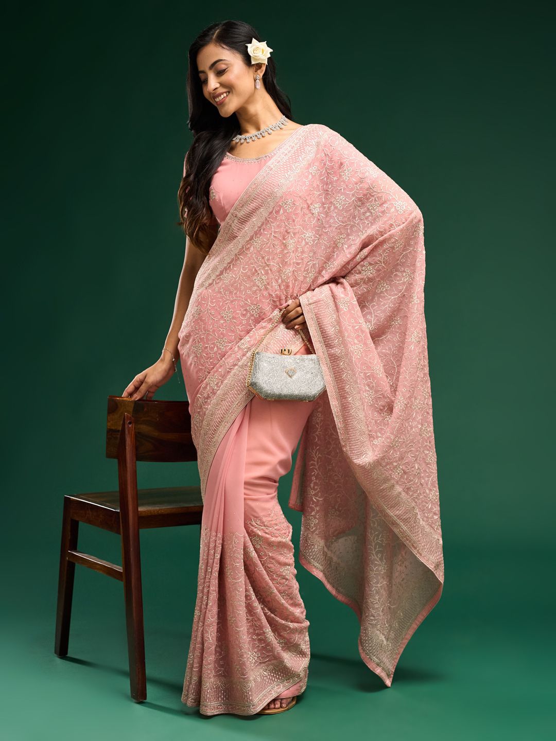 kasee Floral Embroidered Pure Georgette Saree - Distacart