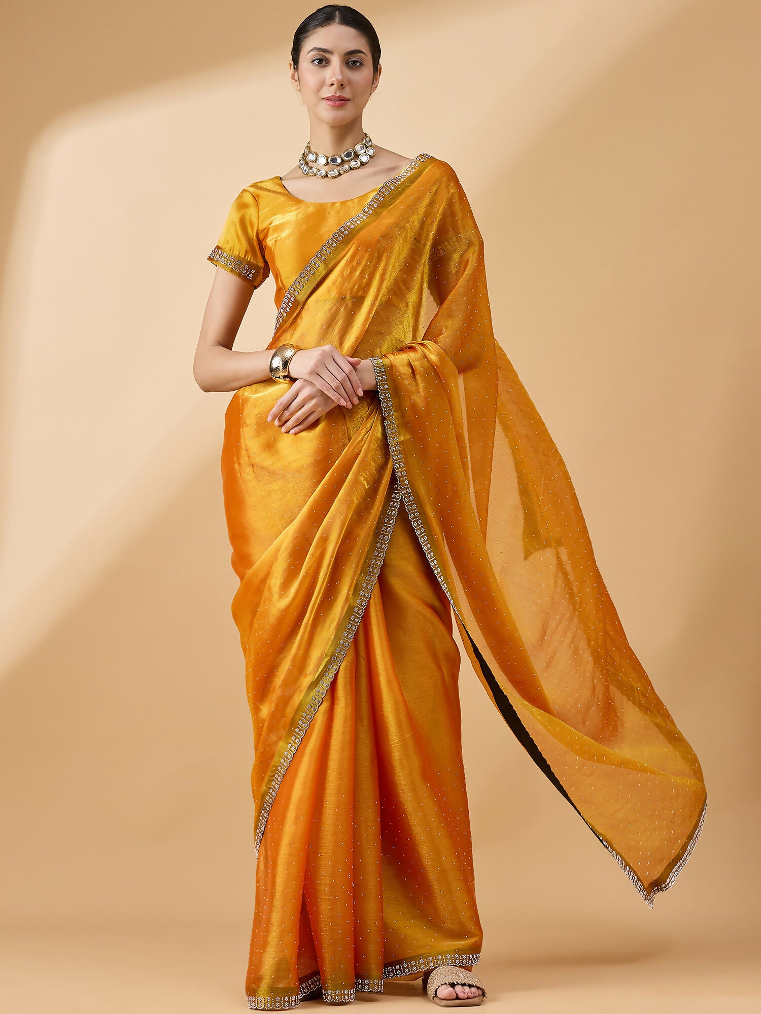 Mustard Organza Swaroski Diamond Work Saree with Unstitched Blouse - Radha - Distacart