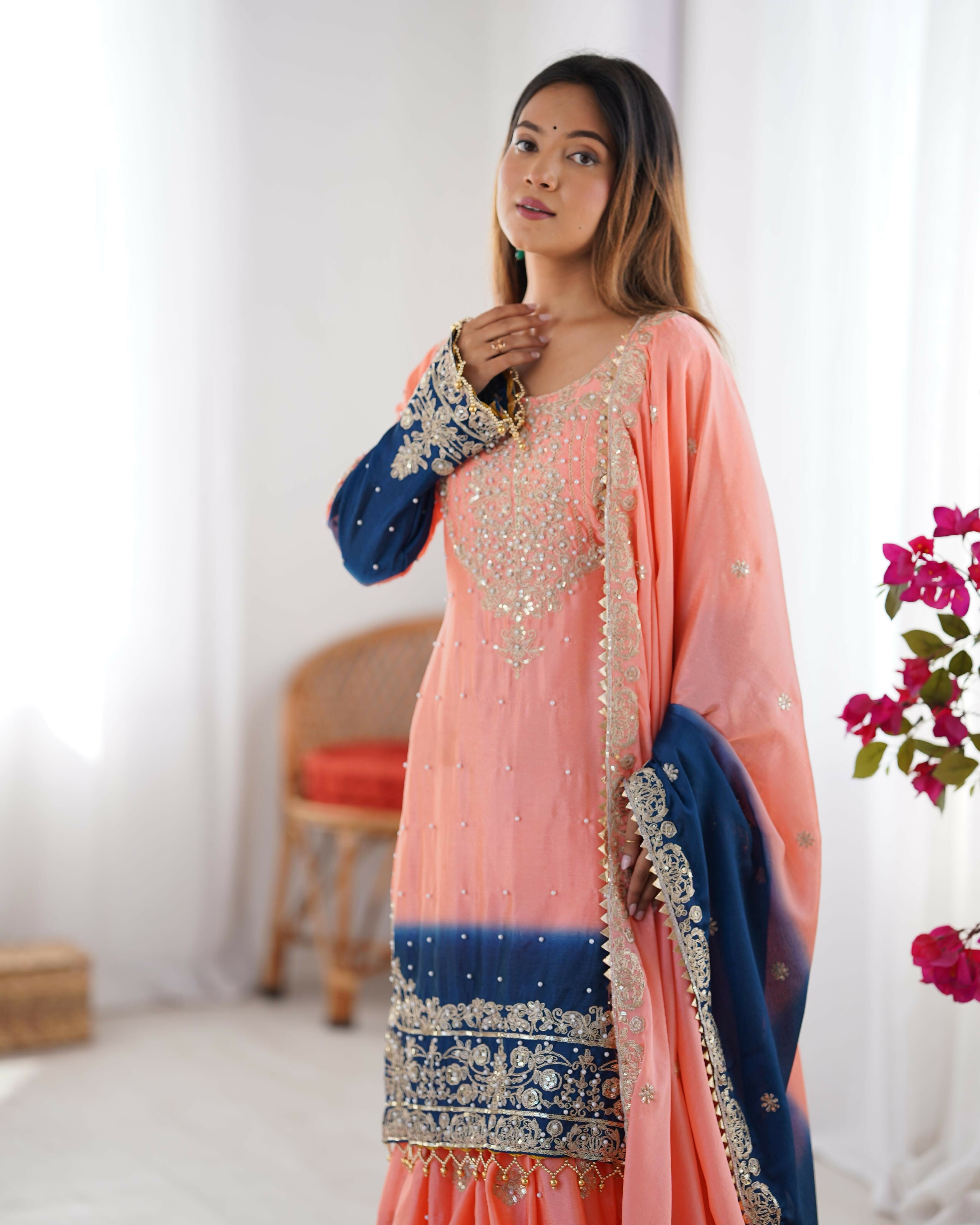 Joban Fashion Peach & Blue Palazzo Chinon silk Coding Dori with Sequence with Rivet Moti