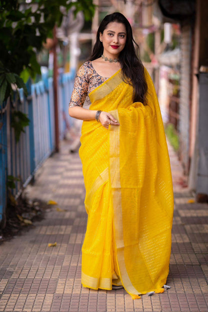 Mustard Linen Sequence Saree with Unstitched Blouse - Hiral Fashion - Distacart