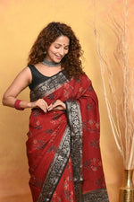Thumbnail for Very Much Indian Modal Silk Ajrakh Handblock Printed Natural Dyes With Designer Border Saree - Red - Distacart