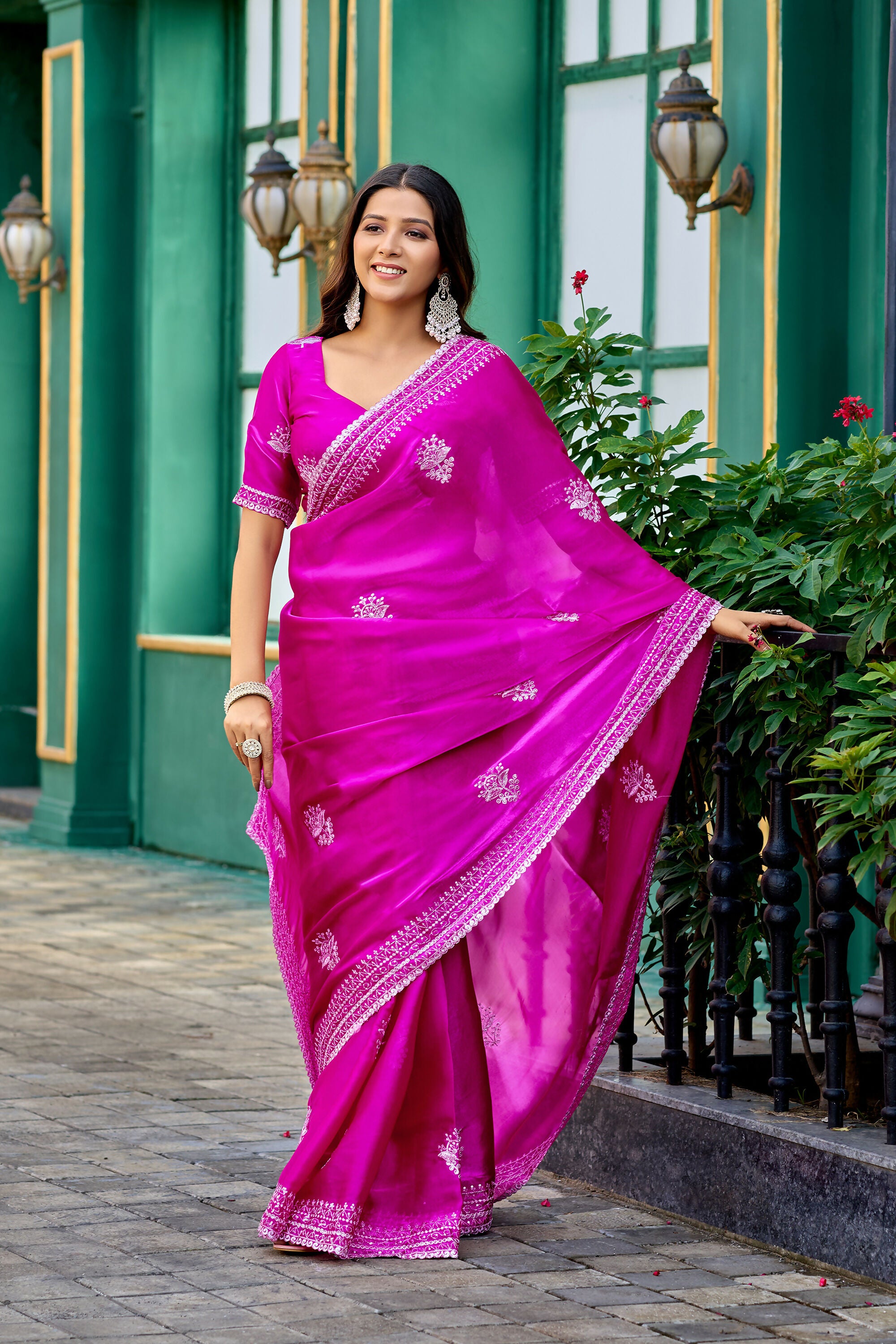 Vastranavya Pink Embroidery Work Shimmer Chiffon Saree with Unstitched Blouse