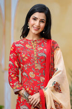 Thumbnail for Ahika Red Color Cotton Fabric Printed Fancy Kurta And Palazzo Dupatta Set