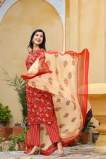Thumbnail for Ahika Red Color Cotton Fabric Printed Fancy Kurta And Palazzo Dupatta Set