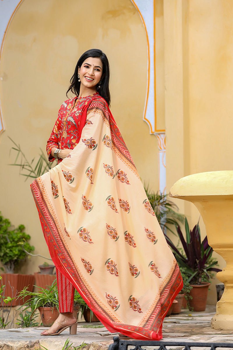 Ahika Red Color Cotton Fabric Printed Fancy Kurta And Palazzo Dupatta Set