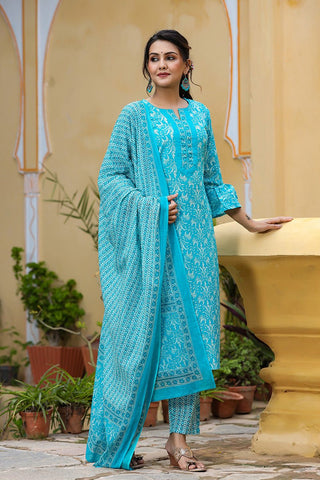 Ahika Blue Cotton Straight Suit Set - Distacart