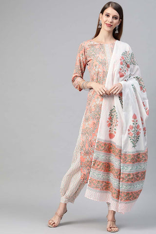 Ahika Peach Cotton Ethnic Motifs Printed Straight Suit Set - Distacart