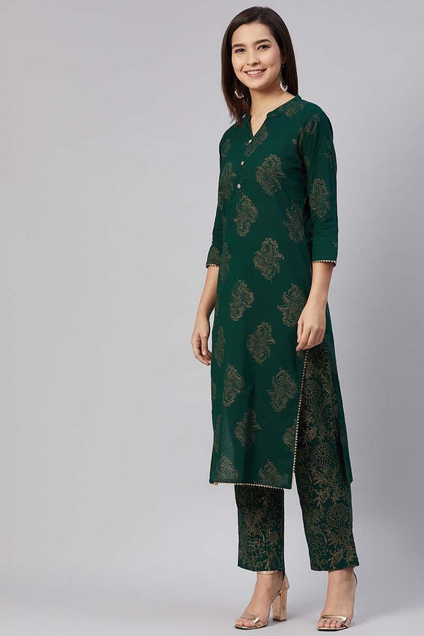 Ahika Women Cotton Green Ethnic Motifs Printed Straight Kurta Pant Dupatta Set - Distacart