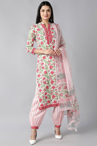 Ahika White Pink Printed Cotton Kurta with Salwar and Dupatta â€“ Ahika - Distacart