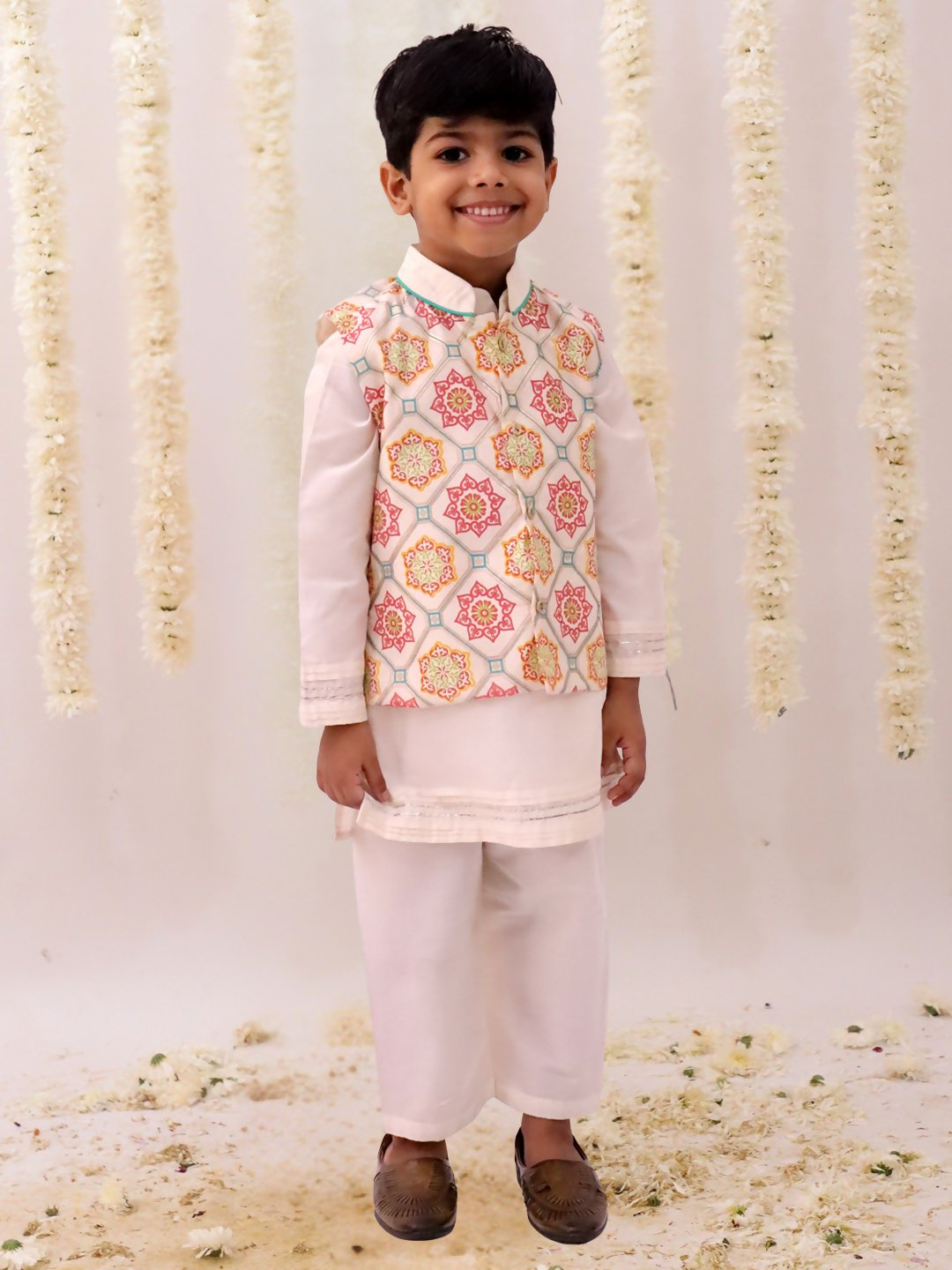 Lil Drama Mishti White Kurta Pyjama and Jacket For Boys