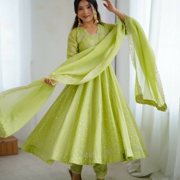 Teeya Creation Pista Green Color Heavy Crunchy Silk Embroidery Work Gown - Distacart