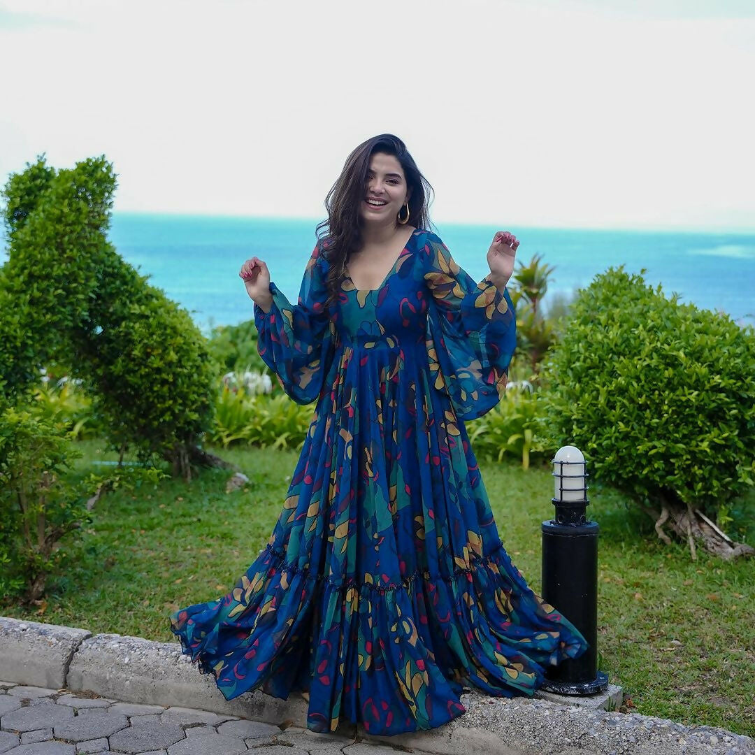 The52 Women's Gorgeous Printed work Georgette Fabric Flared Gown - Distacart