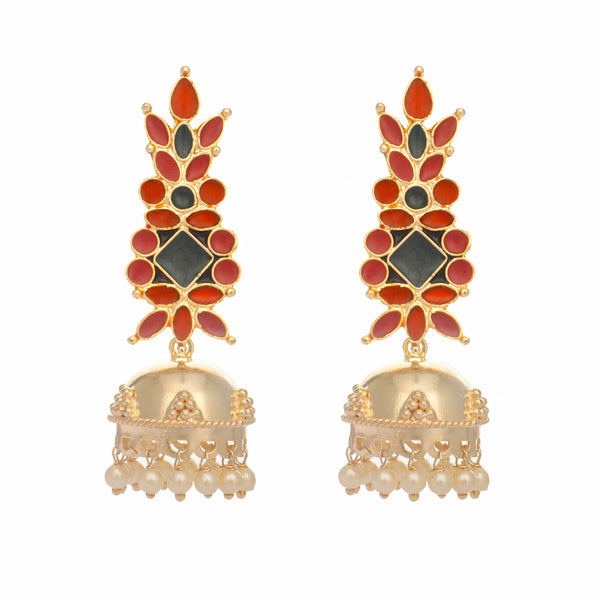 Nuyug 22K Gold-Plated Enamel & Beaded Dome Shaped Jhumka Earrings