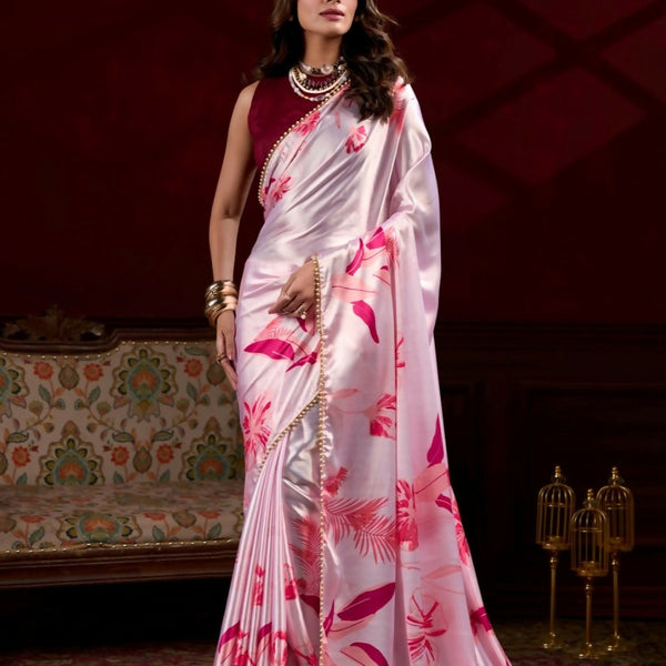 Vastranavya Baby Pink Satin Silk Floral Printed with Pearl Lace Saree with Unstitched Blouse - Distacart
