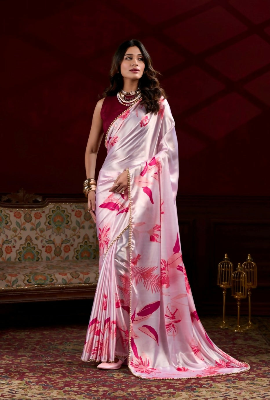 Vastranavya Baby Pink Satin Silk Floral Printed with Pearl Lace Saree with Unstitched Blouse - Distacart