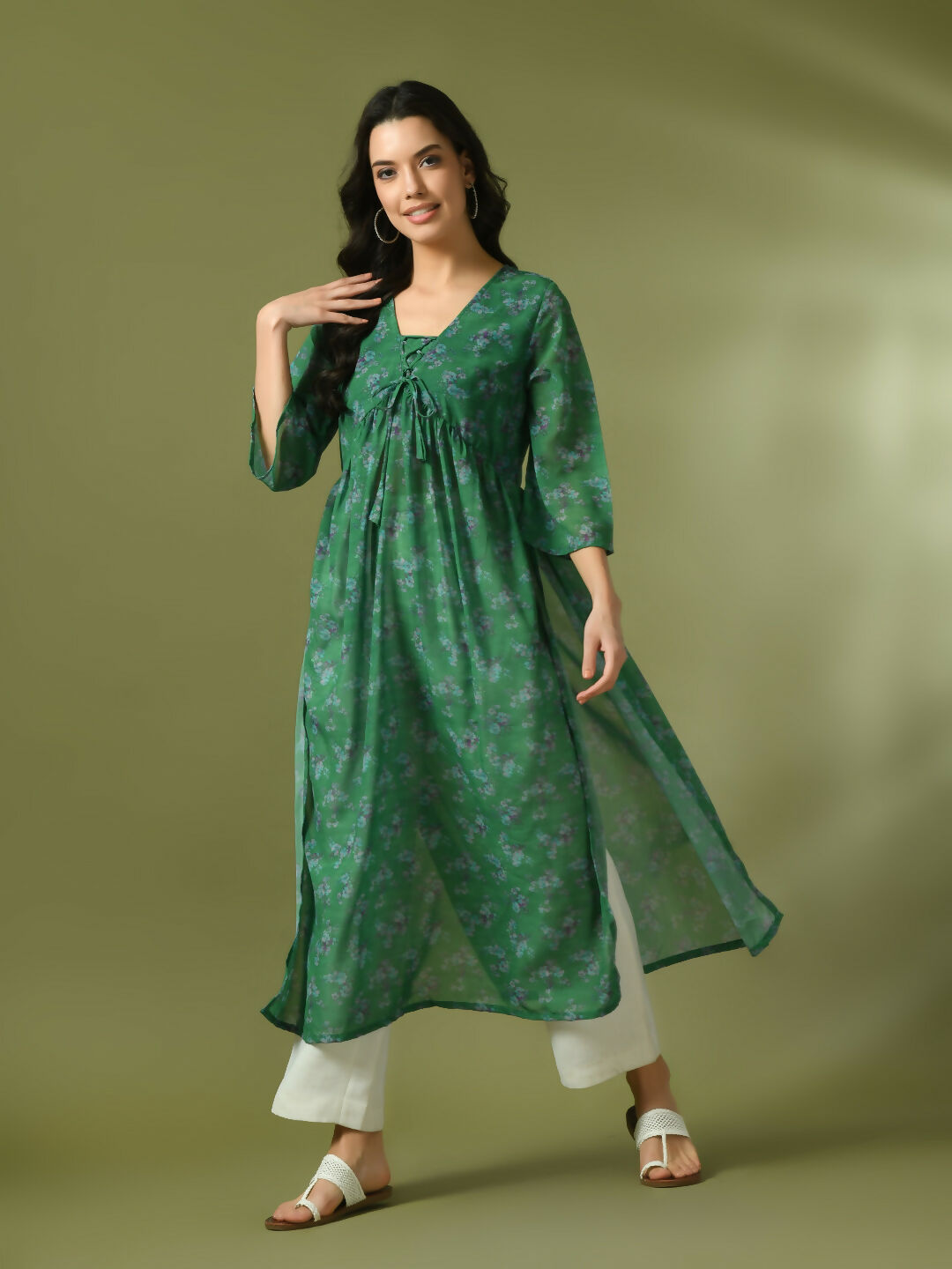 Myshka Women's Green Printed Georgette A-Line Nyra-cut Kurta - Distacart