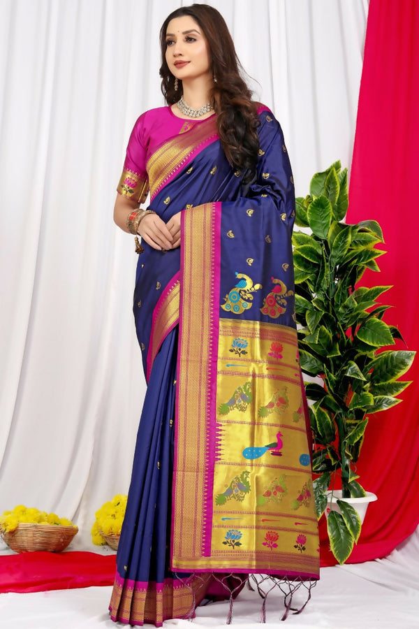 Jyoti Fashion Women's Navy Blue Paithani Silk Zari Woven Saree with Blouse - Distacart