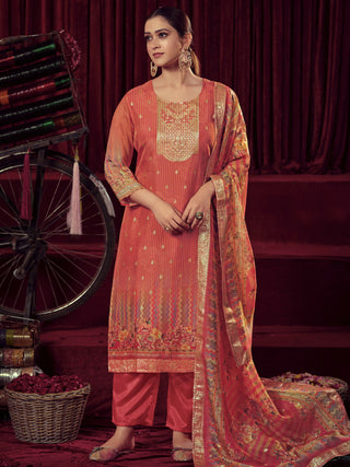 Jyoti Fashion Women's Orange Organza Jacquard Woven Kurta with Trouser & Dupatta - Distacart