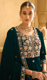 Thumbnail for Anaita Dark Green Embroidered Work Velvet Stitched Plazo Suit - Distacart
