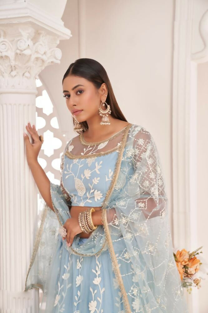 Aastha Fashion Light Sky Butterfly Net White Cotton Thread Work, Zari Work And Sandwich Sequence Work Embroidery Wedding Wear Lehenga Choli - Distacart