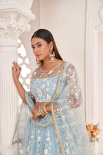 Thumbnail for Aastha Fashion Light Sky Butterfly Net White Cotton Thread Work, Zari Work And Sandwich Sequence Work Embroidery Wedding Wear Lehenga Choli - Distacart