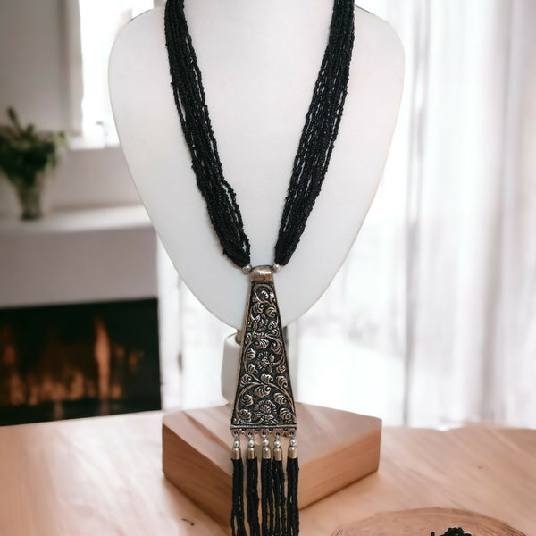 Inhanns Day-To-Dinner Tie Shaped Oxidized Black Metal Multi-Layered Long Necklace Set - Black - Distacart