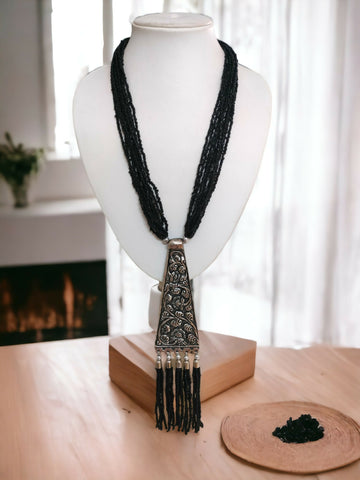 Inhanns Day-To-Dinner Tie Shaped Oxidized Black Metal Multi-Layered Long Necklace Set - Black - Distacart