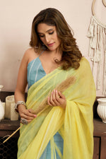 Thumbnail for Joban Fashion Bright Yellow Striped & Geomatric Linen Ready To Wear Saree With Unstitched Blouse - Distacart