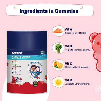 Gritzo Super Gummies Multivitamin (7+y Kids) (Strawberry Flavour) - Distacart