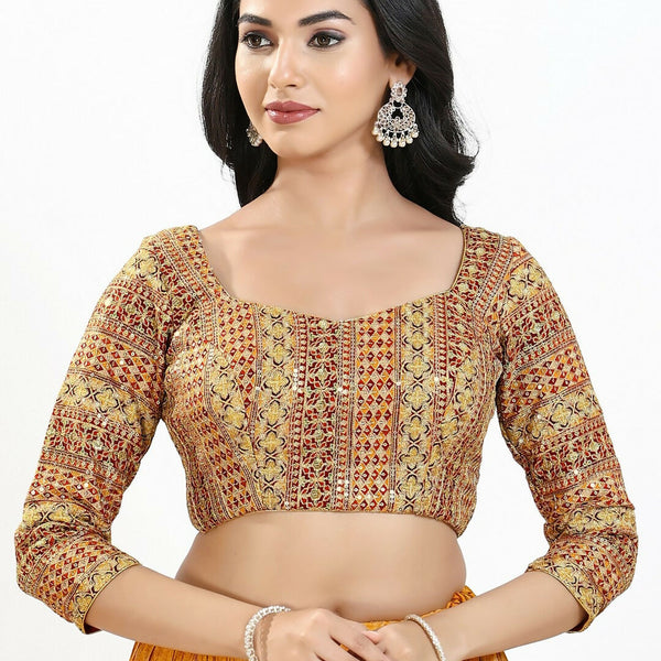 Joban Fashion Red Multi Silk Padded Blouse With Sweetheart Neck 3/4 Sleeves - Distacart