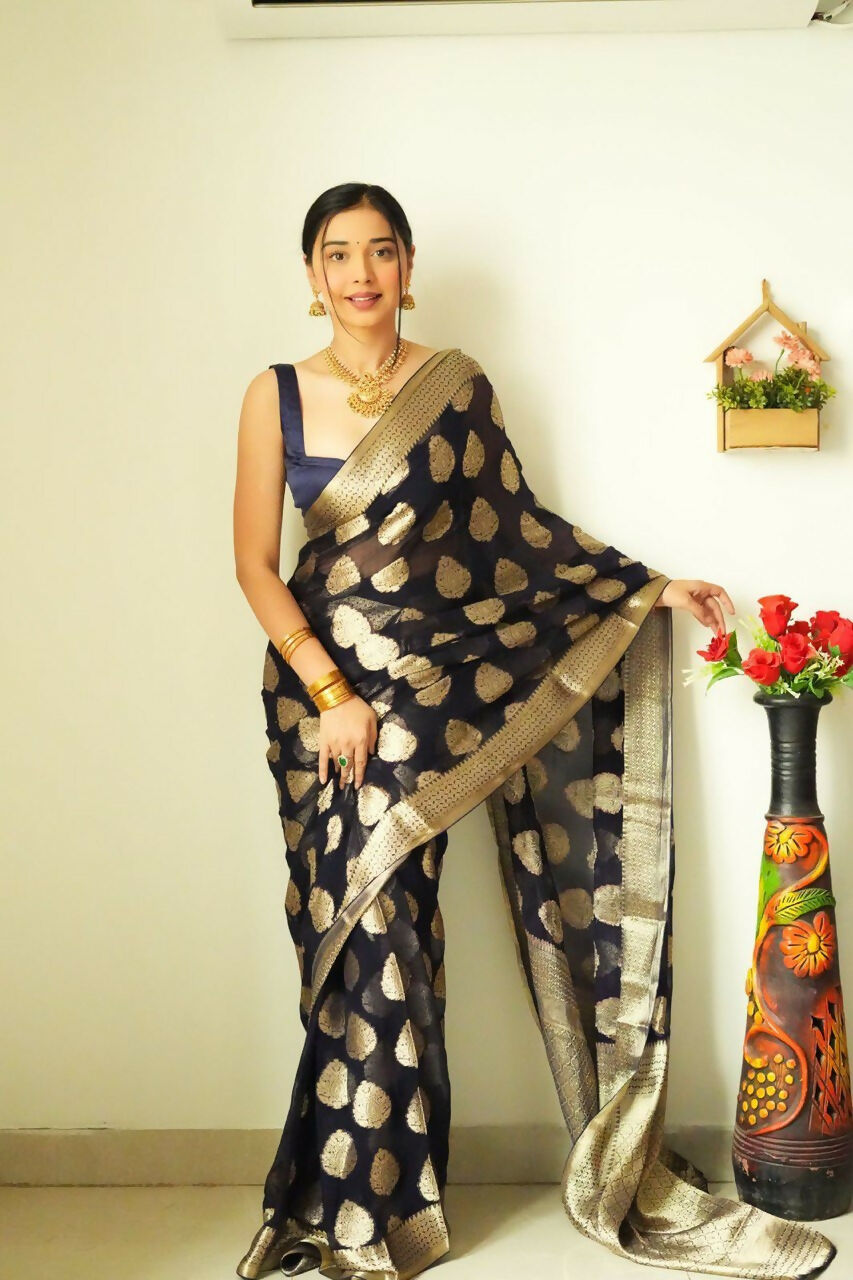 Malishka Cotton Silk Jacquard Ready To Wear Saree With Blouse Piece - Black - Distacart