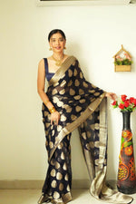 Thumbnail for Malishka Cotton Silk Jacquard Ready To Wear Saree With Blouse Piece - Black - Distacart